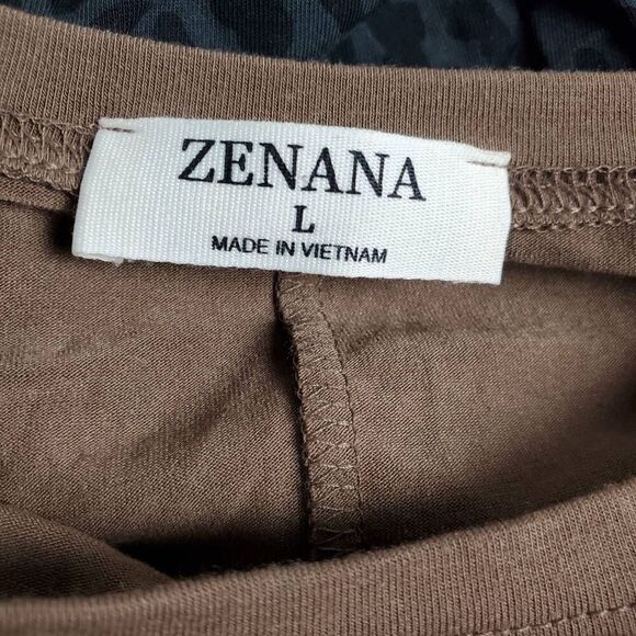 Zenana Long Sleeve Top L Brown Leopard Print Pocket Stretchy Tunic Shirt - Picture 4 of 6